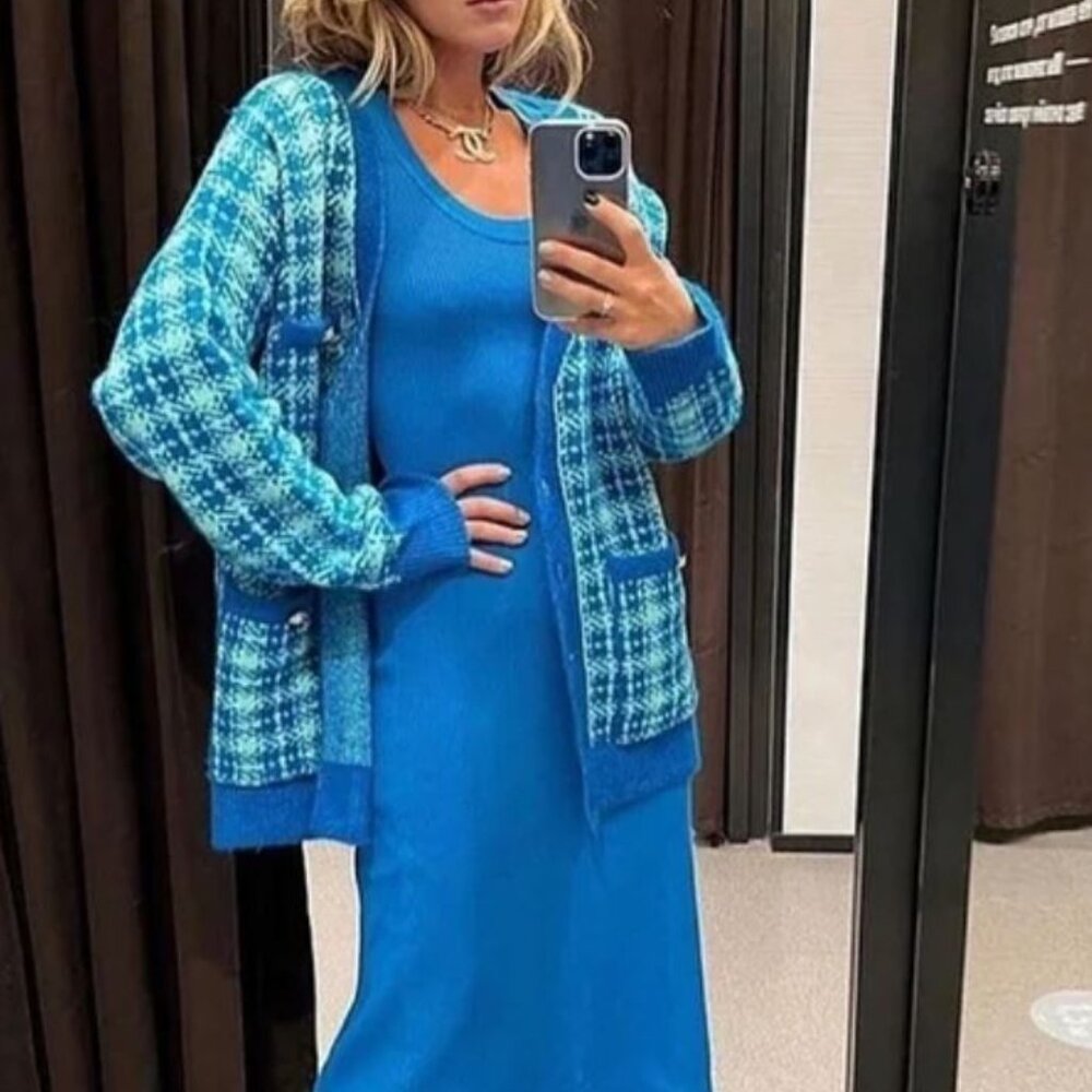Bloggers Fav Zara Blue Plaid Knit Long Cardigan/Jacket NWT
